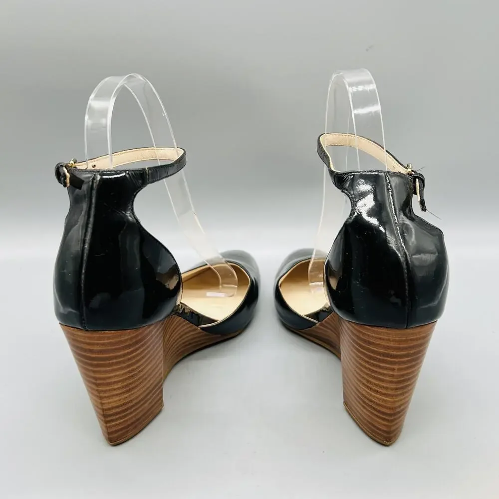 Cole Haan Shoes Womens 6.5 Black Patent Leather Lacey Ankle Strap Wedges Pumps